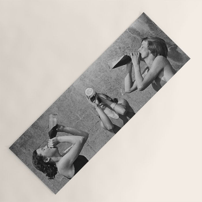 What the girls drink when the guys aren't looking - three girlfriends drinking at the beach black and white photograph Yoga Mat Gallery Image 1