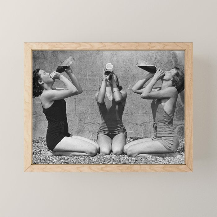What the girls drink when the guys aren't looking - three girlfriends drinking at the beach black and white photograph Mini Art Print Gallery Image 1