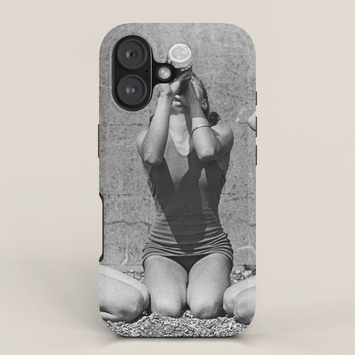 What the girls drink when the guys aren't looking - three girlfriends drinking at the beach black and white photograph iPhone Case Gallery Image 1