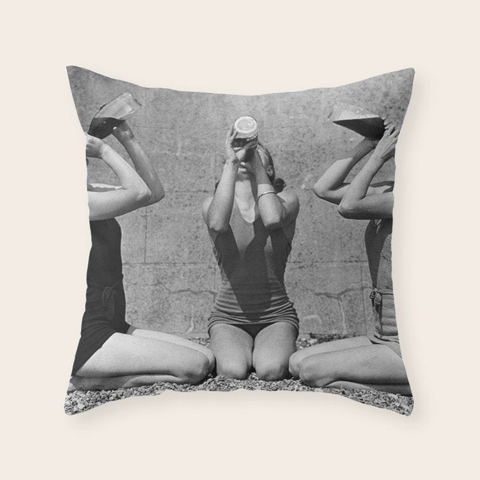What the girls drink when the guys aren't looking - three girlfriends drinking at the beach black and white photograph Throw Pillow Gallery Image 6