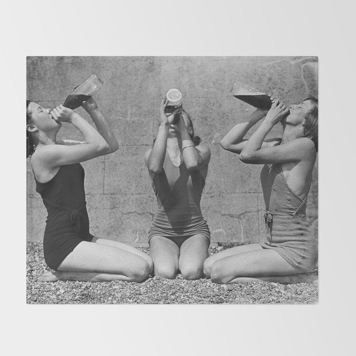 What the girls drink when the guys aren't looking - three girlfriends drinking at the beach black and white photograph Throw Blanket Gallery Image 2