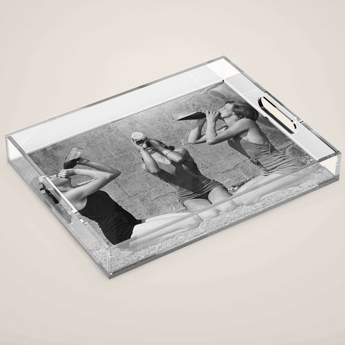 What the girls drink when the guys aren't looking - three girlfriends drinking at the beach black and white photograph Acrylic Tray Gallery Image 1
