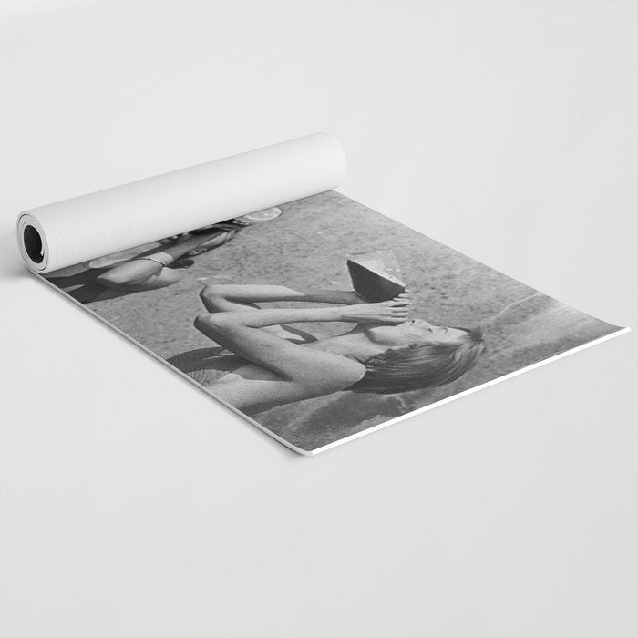 What the girls drink when the guys aren't looking - three girlfriends drinking at the beach black and white photograph Yoga Mat Gallery Image 2