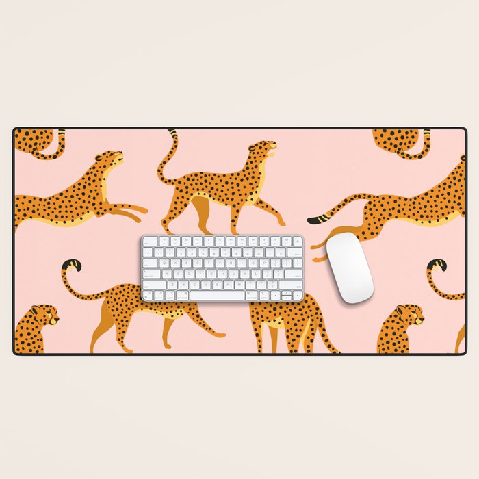 Leopard jaguar pink memphis pattern Desk Mat Gallery Image 1