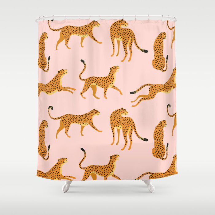 Leopard jaguar pink memphis pattern Shower Curtain Gallery Image 1
