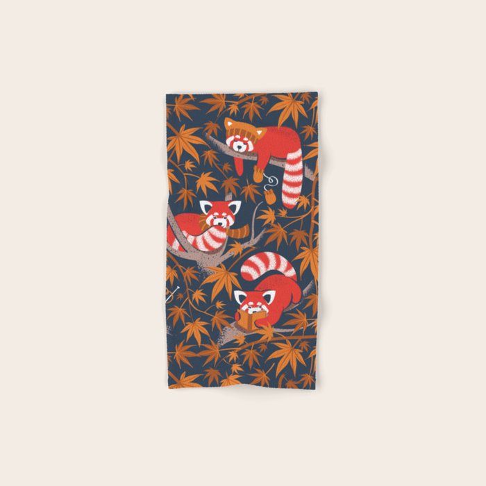 Red panda blending with the foliage // navy background red cozy animals fog brown taupe tree branches orange acer leaves Bath Towel Gallery Image 1
