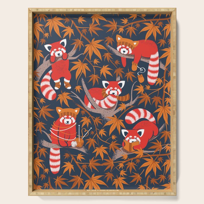 Red panda blending with the foliage // navy background red cozy animals fog brown taupe tree branches orange acer leaves Serving Tray Gallery Image 1