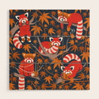 Red panda blending with the foliage // navy background red cozy animals fog brown taupe tree branches orange acer leaves Wood Wall Art Gallery Image 1