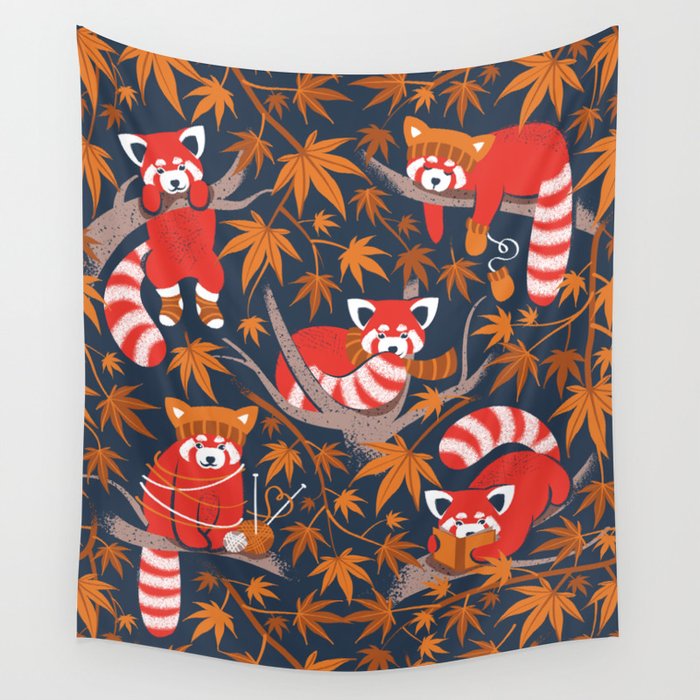 Red panda blending with the foliage // navy background red cozy animals fog brown taupe tree branches orange acer leaves Wall Tapestry Gallery Image 4