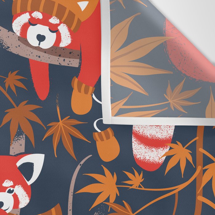 Red panda blending with the foliage // navy background red cozy animals fog brown taupe tree branches orange acer leaves Wall Tapestry Gallery Image 3
