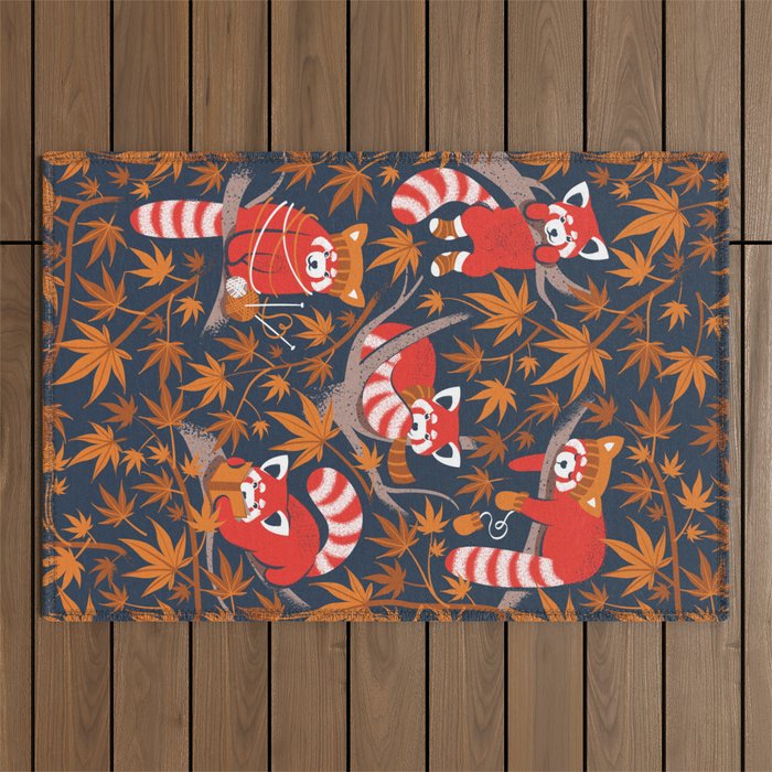Red panda blending with the foliage // navy background red cozy animals fog brown taupe tree branches orange acer leaves Outdoor Rug Gallery Image 1