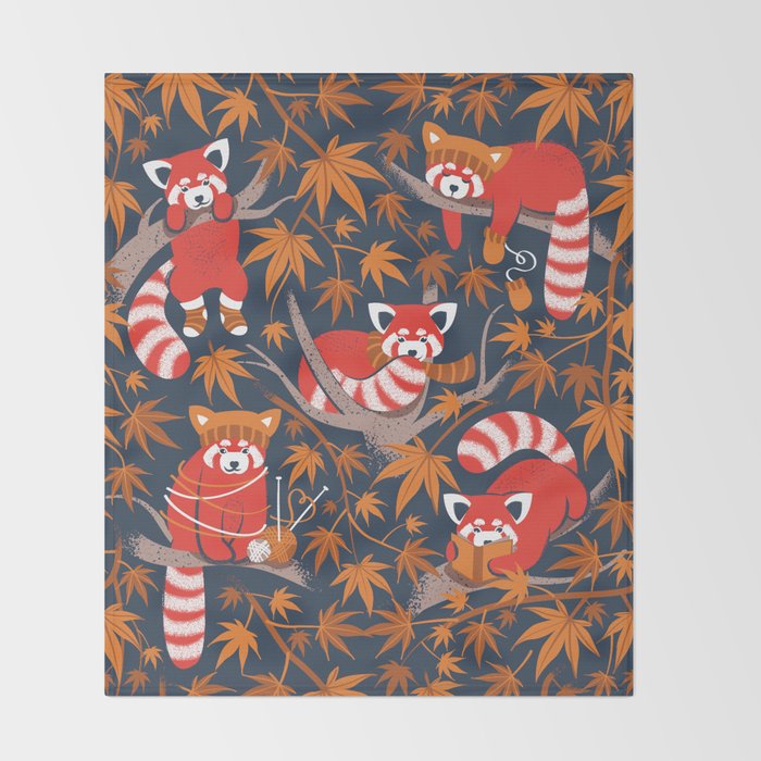 Red panda blending with the foliage // navy background red cozy animals fog brown taupe tree branches orange acer leaves Throw Blanket Gallery Image 2