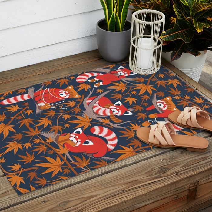 Red panda blending with the foliage // navy background red cozy animals fog brown taupe tree branches orange acer leaves Outdoor Rug Gallery Image 2