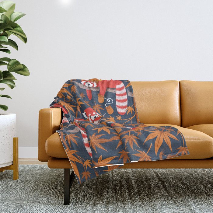 Red panda blending with the foliage // navy background red cozy animals fog brown taupe tree branches orange acer leaves Throw Blanket Gallery Image 1
