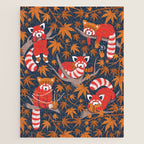 Red panda blending with the foliage // navy background red cozy animals fog brown taupe tree branches orange acer leaves Jigsaw Puzzle Gallery Image 1