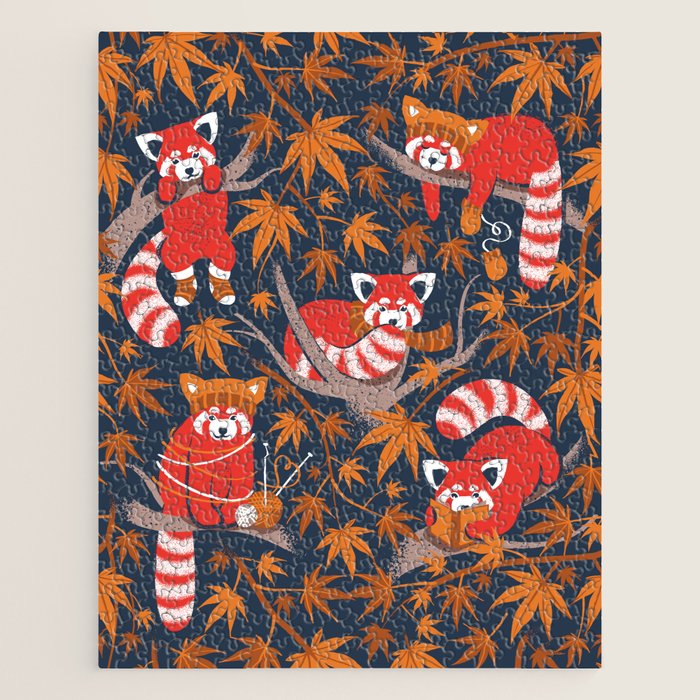 Red panda blending with the foliage // navy background red cozy animals fog brown taupe tree branches orange acer leaves Jigsaw Puzzle Gallery Image 1