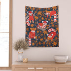Red panda blending with the foliage // navy background red cozy animals fog brown taupe tree branches orange acer leaves Wall Tapestry Gallery Image 2