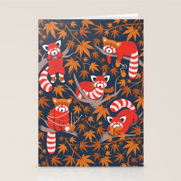 Red panda blending with the foliage // navy background red cozy animals fog brown taupe tree branches orange acer leaves Stationery Card Gallery Image 1