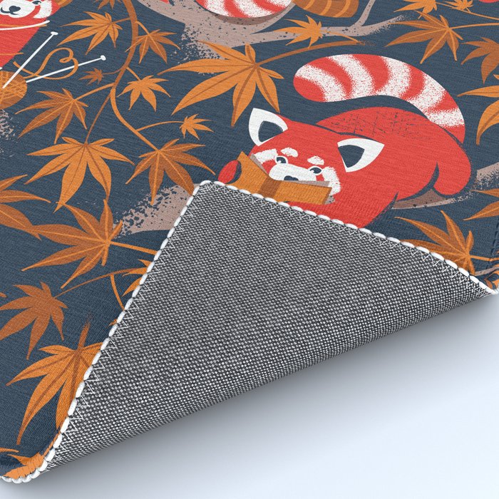 Red panda blending with the foliage // navy background red cozy animals fog brown taupe tree branches orange acer leaves Rug Gallery Image 4