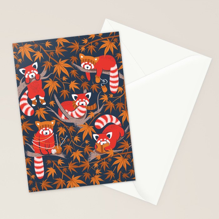 Red panda blending with the foliage // navy background red cozy animals fog brown taupe tree branches orange acer leaves Stationery Card Gallery Image 2