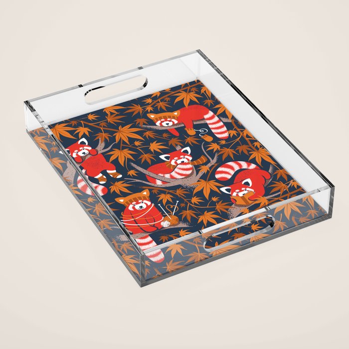 Red panda blending with the foliage // navy background red cozy animals fog brown taupe tree branches orange acer leaves Acrylic Tray Gallery Image 1