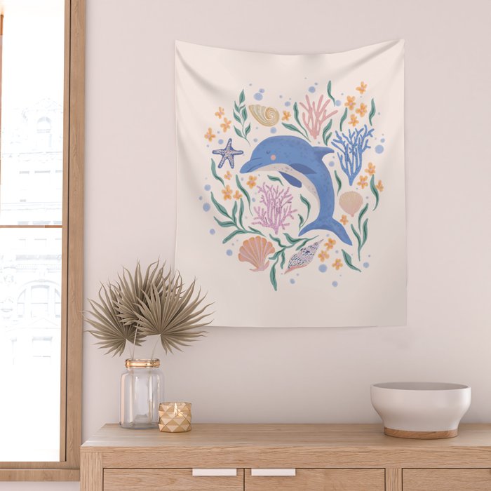 Playful Dolphin and Coral Reef Wall Tapestry Gallery Image 2
