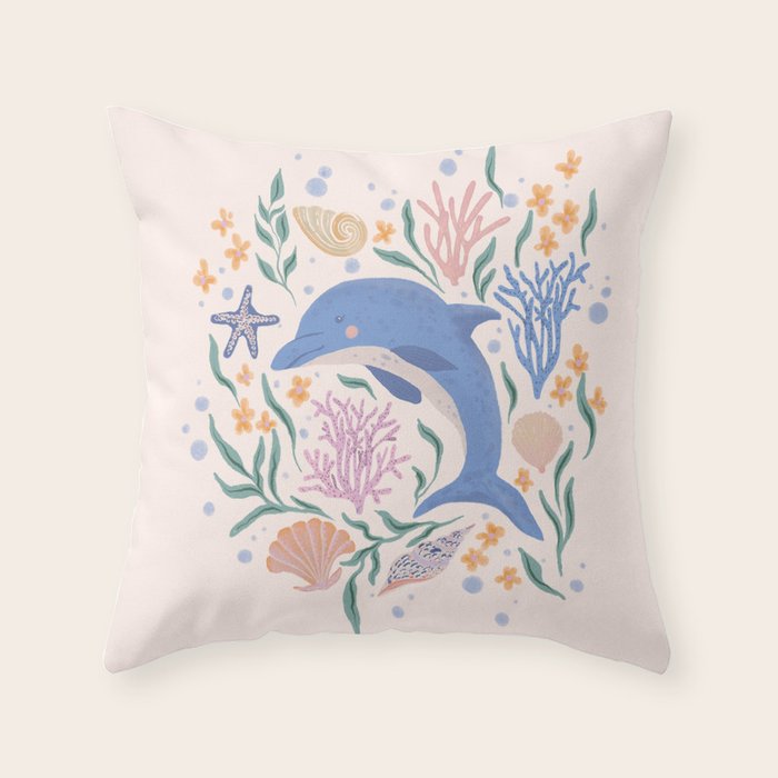 Playful Dolphin and Coral Reef Throw Pillow Gallery Image 1