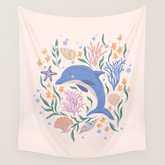 Playful Dolphin and Coral Reef Wall Tapestry Gallery Image 1