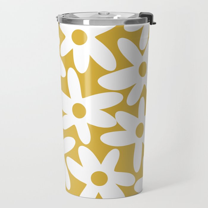Daisy Time Retro Floral Pattern in Mustard and White Travel Mug Gallery Image 2
