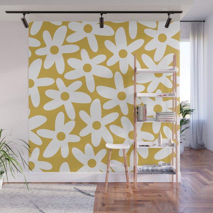 Daisy Time Retro Floral Pattern in Mustard and White Wall Mural Gallery Image 1