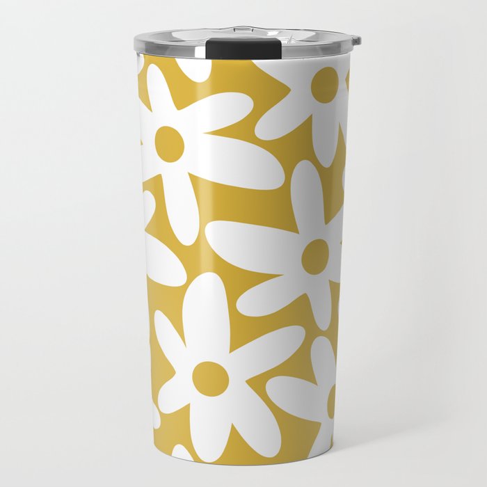 Daisy Time Retro Floral Pattern in Mustard and White Travel Mug Gallery Image 1