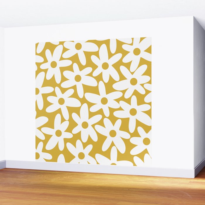 Daisy Time Retro Floral Pattern in Mustard and White Wall Mural Gallery Image 2