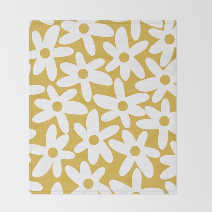 Daisy Time Retro Floral Pattern in Mustard and White Throw Blanket Gallery Image 2