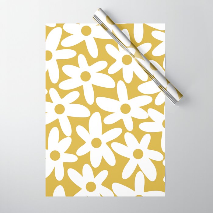 Daisy Time Retro Floral Pattern in Mustard and White Wrapping Paper Gallery Image 1