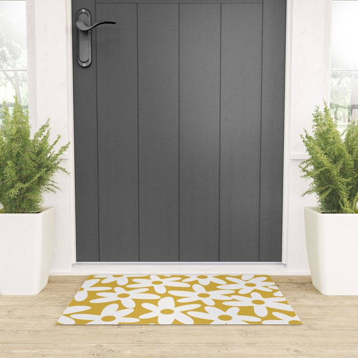 Daisy Time Retro Floral Pattern in Mustard and White Welcome Mat Gallery Image 3