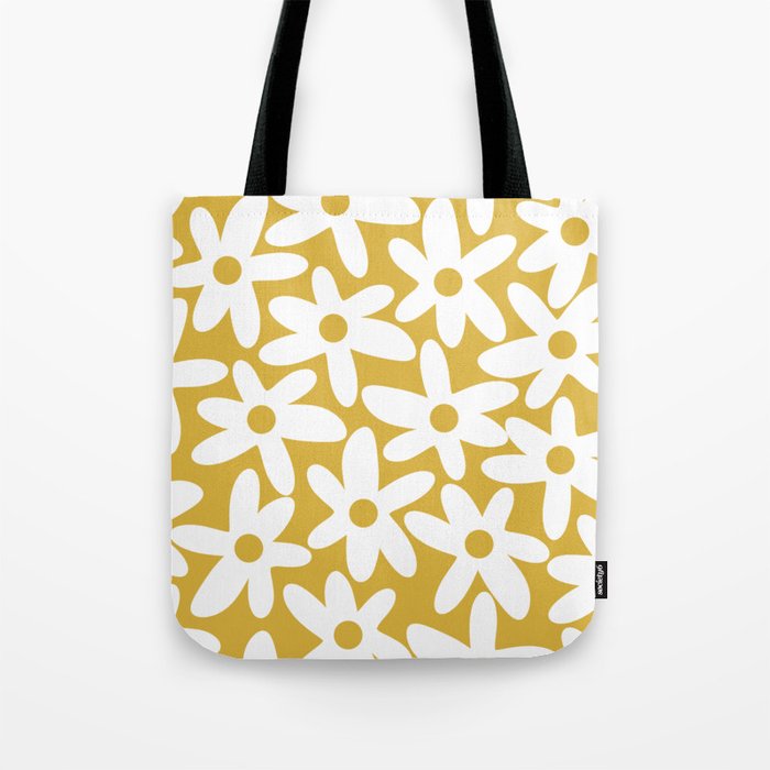 Daisy Time Retro Floral Pattern in Mustard and White Tote Bag Gallery Image 1