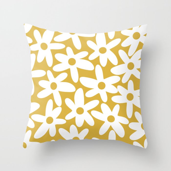 Daisy Time Retro Floral Pattern in Mustard and White Throw Pillow Gallery Image 6