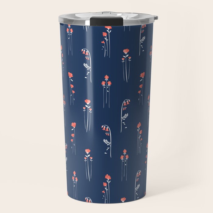 Retro Dark Flower Pattern in Modern Navy and Coral Travel Mug Gallery Image 1
