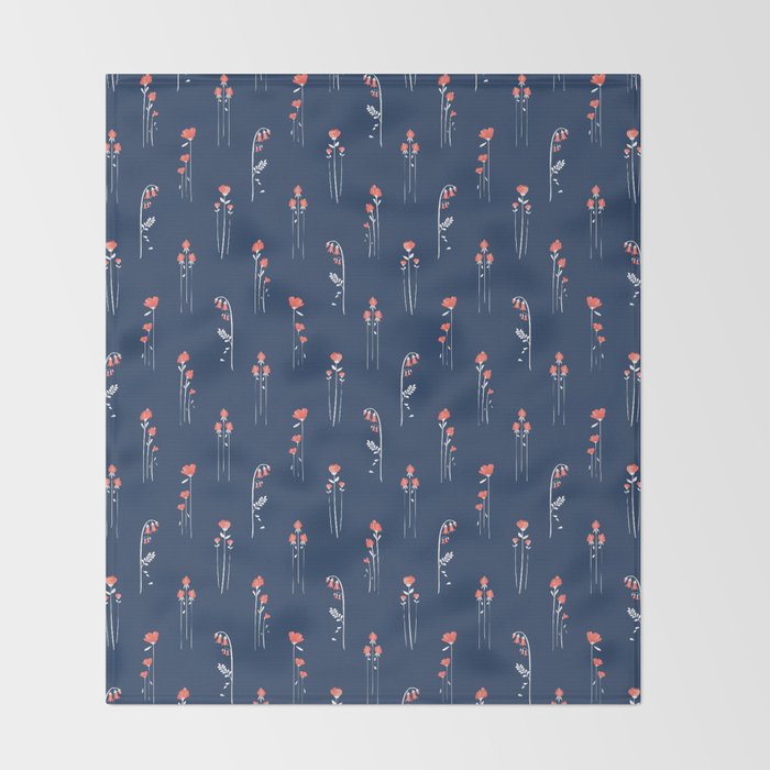 Retro Dark Flower Pattern in Modern Navy and Coral Throw Blanket Gallery Image 2