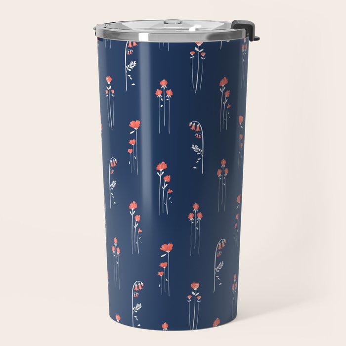 Retro Dark Flower Pattern in Modern Navy and Coral Travel Mug Gallery Image 2