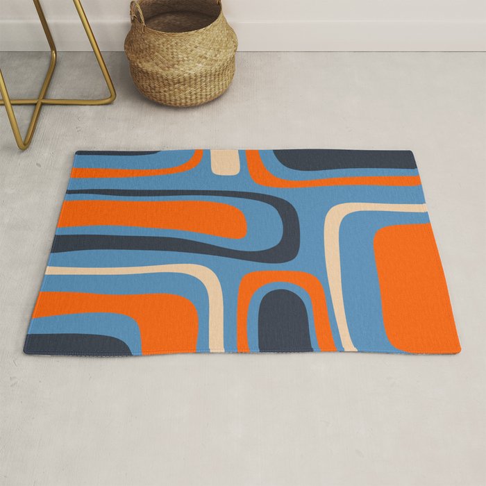 Palm Springs Retro Mid Century Modern Abstract Pattern Blue and Orange Rug Gallery Image 1