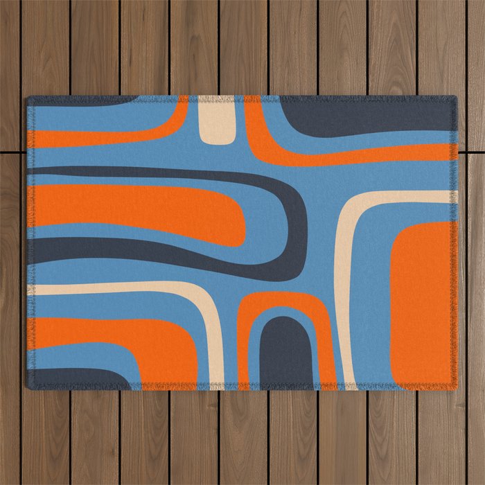 Palm Springs Retro Mid Century Modern Abstract Pattern Blue and Orange Outdoor Rug Gallery Image 1
