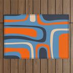 Palm Springs Retro Mid Century Modern Abstract Pattern Blue and Orange Outdoor Rug Gallery Image 1