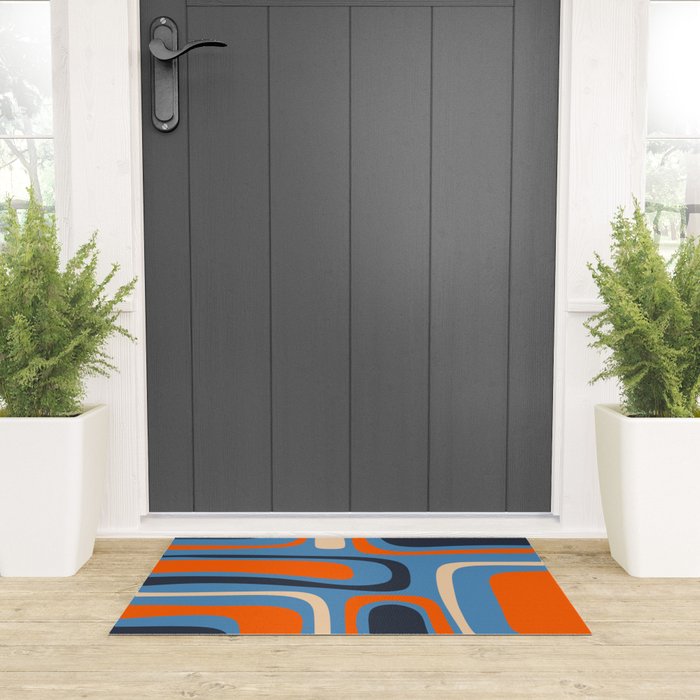 Palm Springs Retro Mid Century Modern Abstract Pattern Blue and Orange Welcome Mat Gallery Image 3