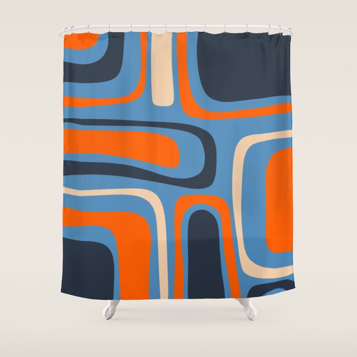 Palm Springs Retro Mid Century Modern Abstract Pattern Blue and Orange Shower Curtain Gallery Image 1