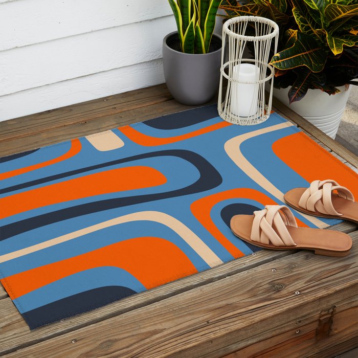 Palm Springs Retro Mid Century Modern Abstract Pattern Blue and Orange Outdoor Rug Gallery Image 2