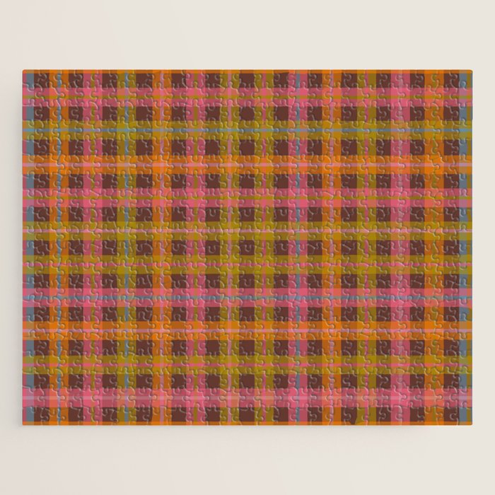 Gingham Plaid Eclectic Check Pattern on Brown Jigsaw Puzzle Gallery Image 1