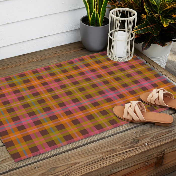 Gingham Plaid Eclectic Check Pattern on Brown Outdoor Rug Gallery Image 2
