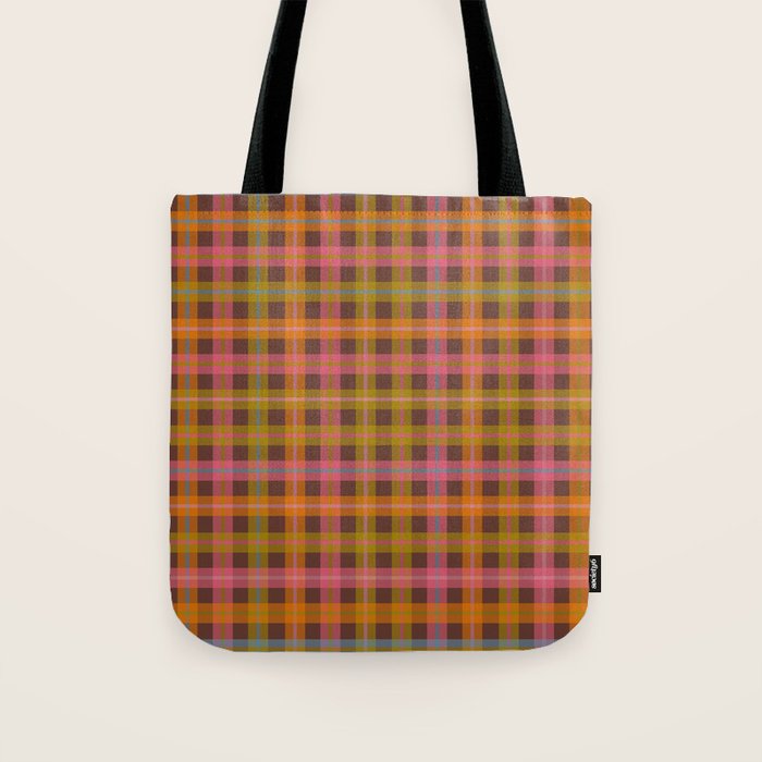 Gingham Plaid Eclectic Check Pattern on Brown Tote Bag Gallery Image 1