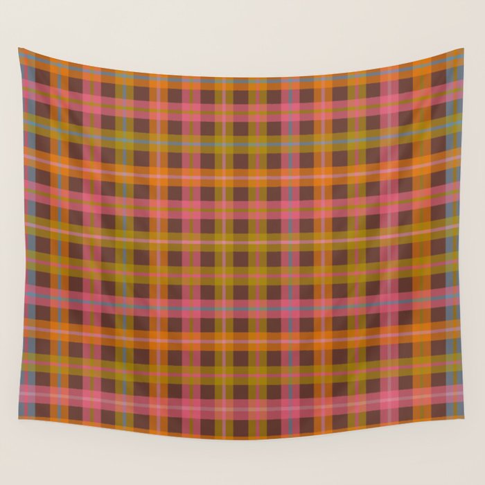 Gingham Plaid Eclectic Check Pattern on Brown Wall Tapestry Gallery Image 1